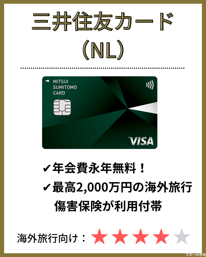海外旅行保険が付帯したおすすめクレジットカードの一つに「三井住友カード（NL）」があります。