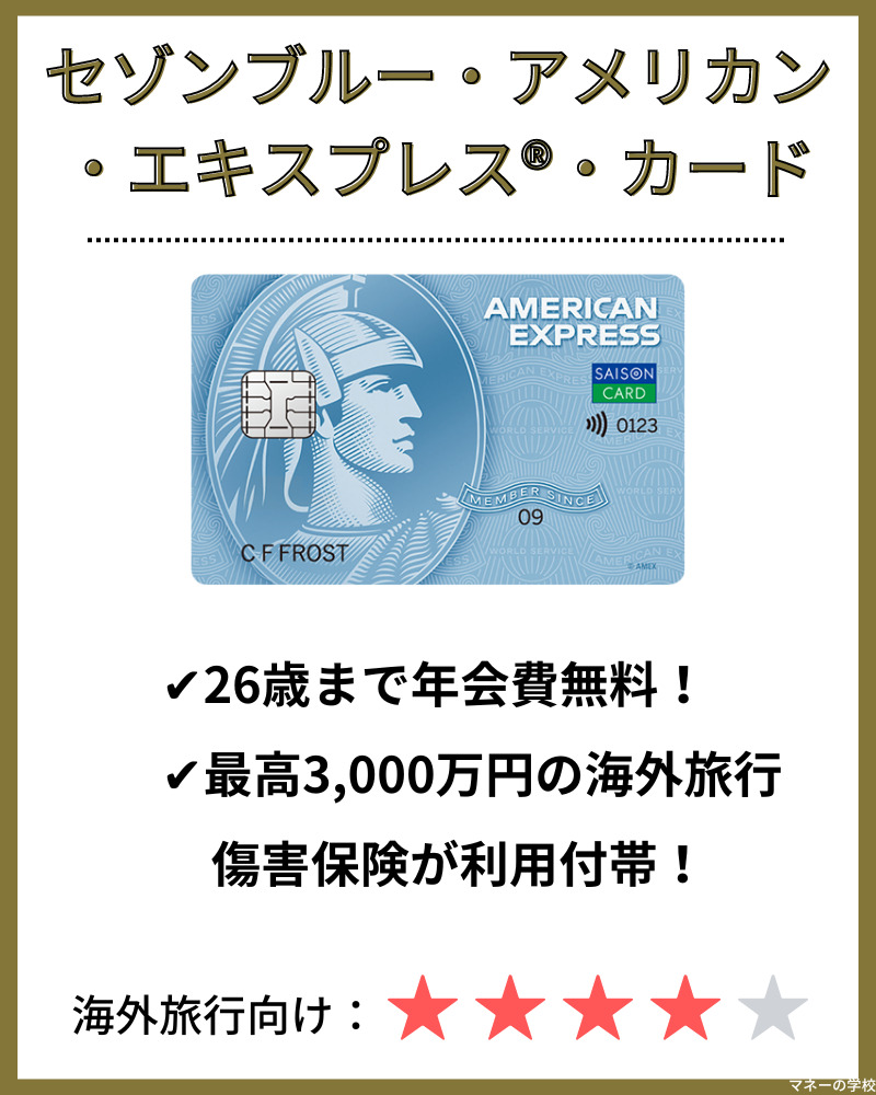 海外旅行保険が付帯したおすすめクレジットカードの一つに「セゾンブルー・アメリカン・エキスプレスカード」があります。