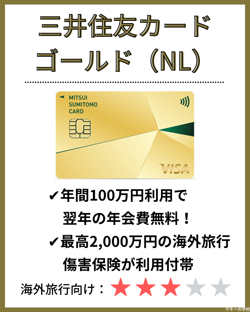 海外旅行保険が付帯したおすすめクレジットカードの一つに「三井住友カード ゴールド（NL）」があります。